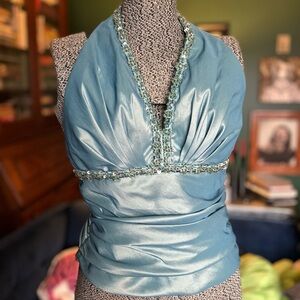 Cache Teal Beaded Halter Blouse